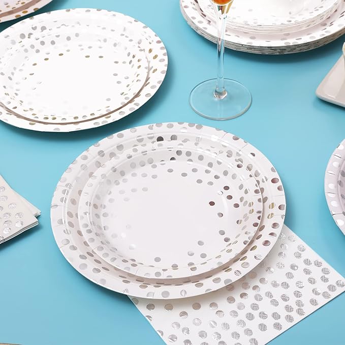 Silver Paper Plates and Napkins Party Supplies, White and Silver Plates Serve 24, 168Pcs Silver Party Decorations for Wedding Bachelorette First Communion Graduation Party
