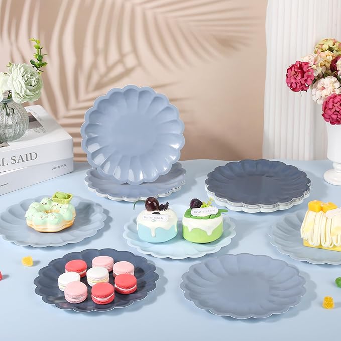 AimFun 48 Pcs Dusty Blue Paper Plates 7.5 Inch Scalloped Disposable Plates Gradient Blue Dessert Plates for Birthday Wedding Baby Shower Bridal Bachelorette Party Supplies Table Decor