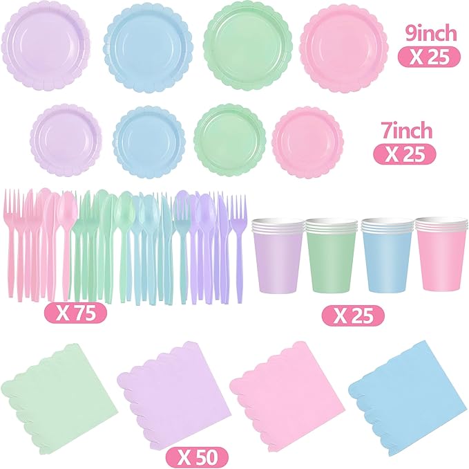 175 Pcs Pastel Plates and Napkins Party Supplies,Disposable Dinnerware Set for 25 Guests, Paper Plates Napkins Cups and Plastic Knives Forks Spoons for Birthday Wedding Party Decorations