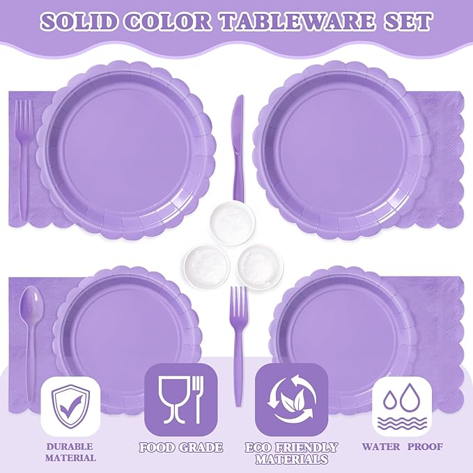 Vyntra 175 Pcs Lavender Purple Disposable Paper Plates and Napkins Set for 25, 9" Dinner Plates & 7" Dessert Plates, Tableware for Baby Shower, Bridal Shower, Birthday, Party
