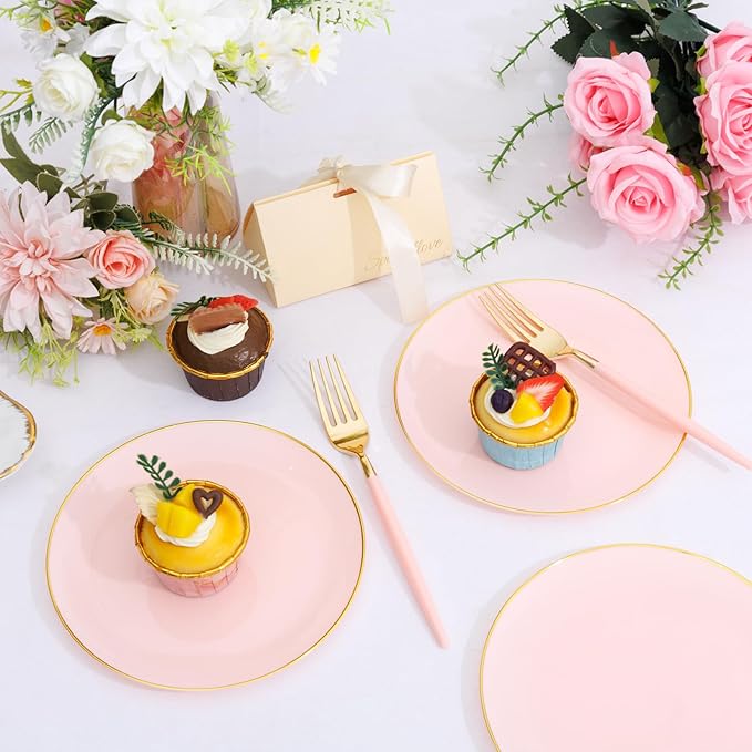 LIYH 96 Pcs Pink Gold Disposable Dessert Plates & Forks Set - 7.5 Inch Salad Cake Appetizer Plastic Plates for Parties, Birthdays, Baby Showers 48 Guests