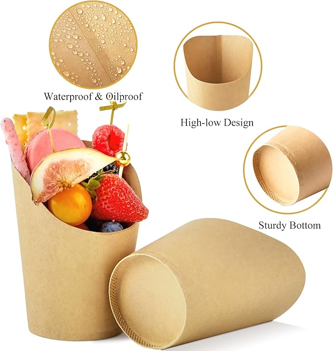 ZORRITA 50 Sets 14 oz Charcuterie Cups with Sticks, Individual Kraft Paper Charcuterie Boxes Disposable Individual Appetizer Serving Cups (50 Cups + 200 Cocktail Picks + 50 Bags + 50 Ties)