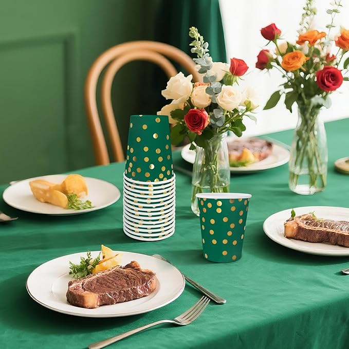 Dark Green and Gold Paper Cups,9 oz Dark Green and Gold Disposable Cups,Paper Cups for Birthday Wedding Party Supplies(50 Pcs)