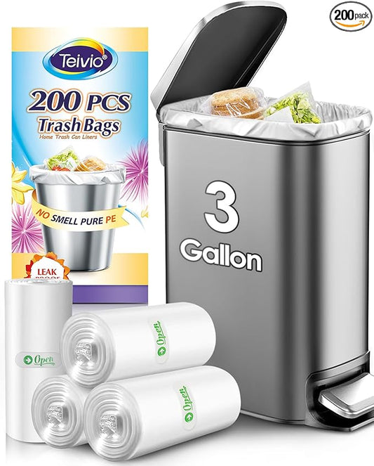 3 Gallon 200 Counts Small Trash Bags 3 Gallon 3.1 Gallon 3.2 Gallon fit 10 liter Garbage Bags by Teivio, Waste Basket Bags,Bathroom Trash Can Bin Liners, Plastic Bags for home office kitchen, Clear