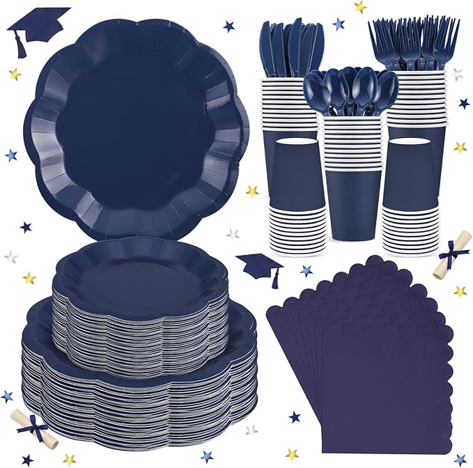 NatNarr 350 Pcs Navy Blue Plates and Napkins Set, 50 Guest Navy Blue Party Supplies Include 9" Graduation Plates & 7" Cake Plate Disposable Plastic Cutlery for Birthday Graduation Party Wedding