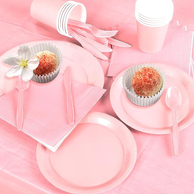 229PCS Pink Party Supplies Set Paper Disposable Plates Cups Plastic Spoons Forks Knives Pink Napkins for 30 Guests Disposable Party Dinnerware Sets for Wedding Birthday Parties