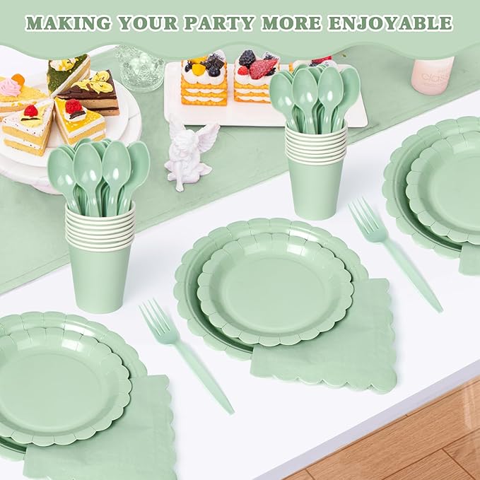 Vyntra 175 Pcs Sage Green Birthday Paper Plates and Napkins Set for 25 Guests, Disposable Party Supplies, 9" Dinner Plates & 7" Dessert Plates