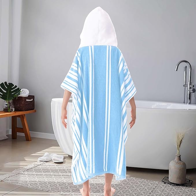 VOOVA & MOVAS Big Kids Poncho Towel with Hood - Teens Hooded Pool Towel Robe (8-16Years), Large and Absorbent Cotton - Versatile for Beach, Pool, Swim, and Bath,Light Blue Stripe