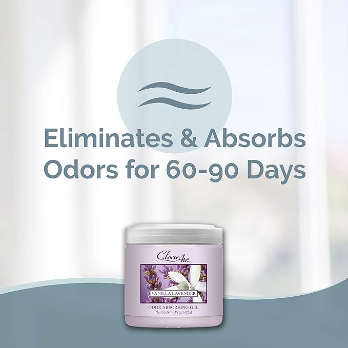 Clear Air 15oz Gel Odor Eliminator - Absorb & Remove Strong Odors from Pets, in Bathrooms, Basements, Garage, Cars, RVs & Boats - Eliminate Tough Odors with Essential Oils (Vanilla Lavender, 2-Pack)