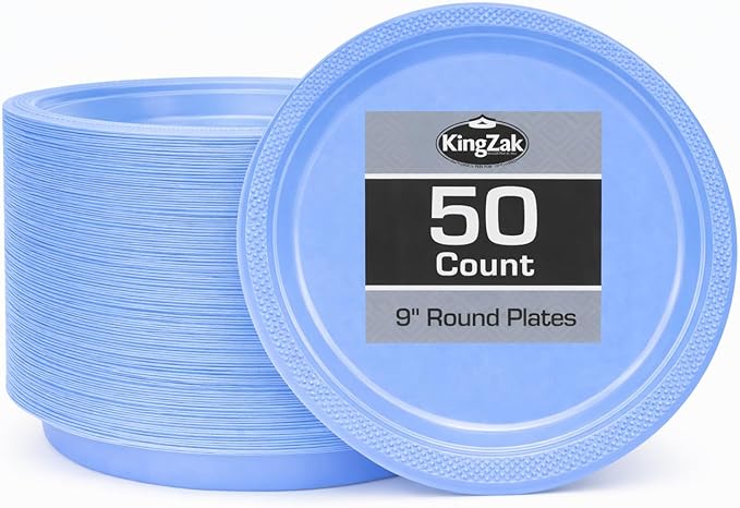 Light Blue Solid Color Plastic Premium Heavy Weight Dinner Plate (9") 50 Count - Elegant & Durable, Perfect for Parties, Weddings & Everyday Use