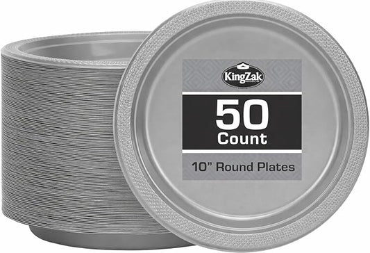Silver Solid Color Premium Heavy Weight Plastic Dinner Plate (10") 50 Count - Elegant & Durable, Perfect for Parties, Weddings & Everyday Use