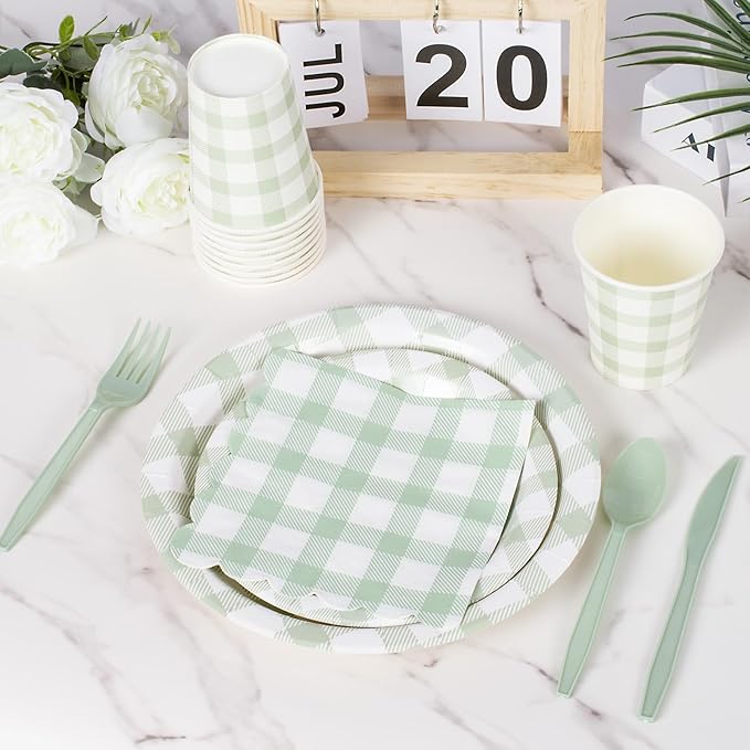 Vyntra 175 Pcs Sage Green & White Checkered Gingham Paper Plates and Napkins Set for 25, 9" Dinner Plates & 7" Dessert Plate, Bridal Shower Garden Party Birthday Party