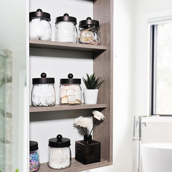 6 Pack Qtip Holder Bathroom Set, SheeChung Plastic Mason Jar Apothecary Jar Set for Bathroom Vanity Storage Organizer, Farmhouse/Home Decor, 12 Labels (Bronze)