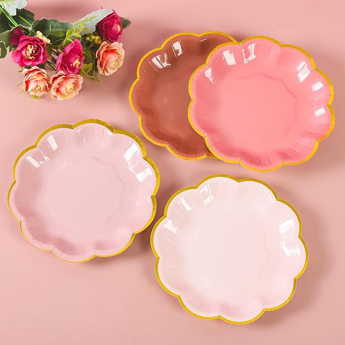 AimFun 48 Pcs Dusty Pink Party Plates Gradient Color Dessert Paper Plate 7inch Gold Foil Scalloped Edge Disposable Cake Plates for Tea Party Birthday Bridal Baby Shower Wedding Party Supplies