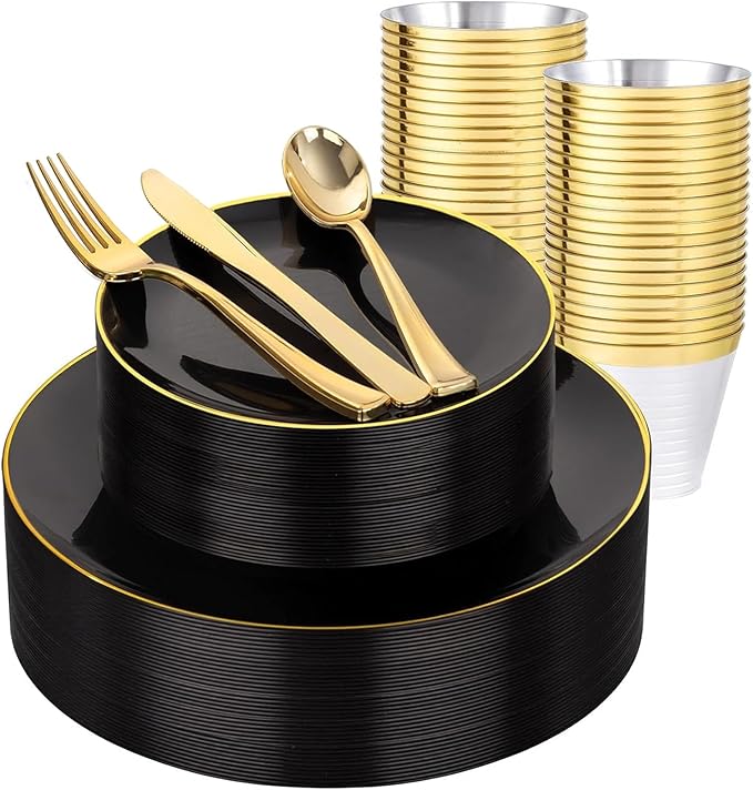 WDF 150PCS Black Plastic Plates - Black and Gold Plates Disposable - 25 Guest Disposable Dinnerware Sets for Party/Wedding/Graduation/Memorial Day