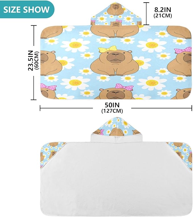CEBUGI Cartoon Capybaras Hooded Bath Towel for Kids Absorbent Soft Bath Towel Wrap with Hood 50x23.5in Pool Beach Shower Towel for Boys Girls