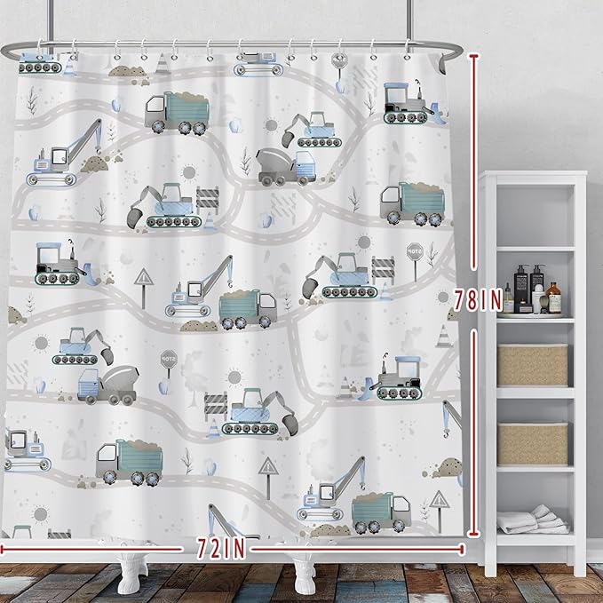 Excavator Kids Shower Curtain Sets Cartoon Construction Truck Tractor Car Bathroom Decor Fabric Polyester Waterproof 72x78 Inches with 12 Hooks for Boys Machinery Vehicle Bath Curtains