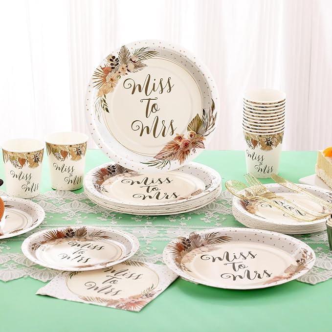 Boho Bridal Shower Decorations, 168Pcs Bridal Shower Plates and Napkins Sets Serve 24, Miss to Mrs, Love is In Bloom, Love is Brewing, Bride To Be, Bachelorette, Fall in Love Wedding Shower
