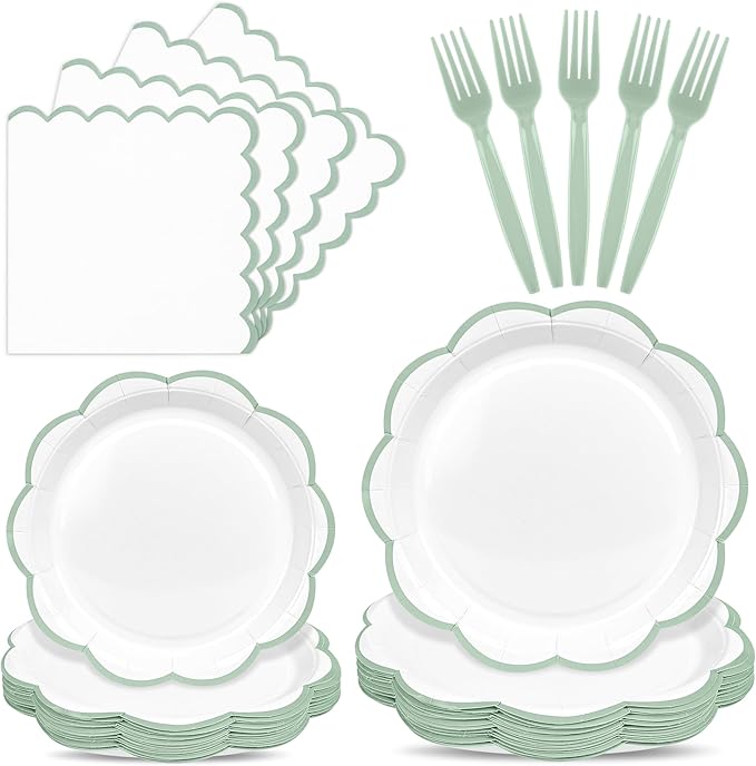 96 Pcs Sage Green and White Paper Plates and Napkins Set, Tableware set for 24 Guest include White Cake Plates with Sage Green Scalloped Edge, Napkins and Forks for Baby Shower, Bridal Shower, Wedding