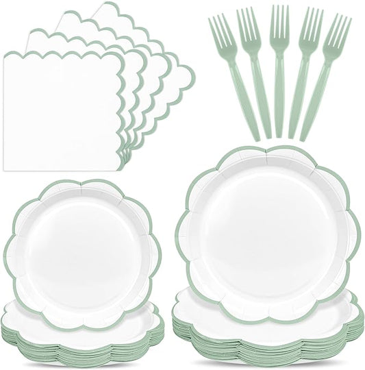 96 Pcs Sage Green and White Paper Plates and Napkins Set, Tableware set for 24 Guest include White Cake Plates with Sage Green Scalloped Edge, Napkins and Forks for Baby Shower, Bridal Shower, Wedding