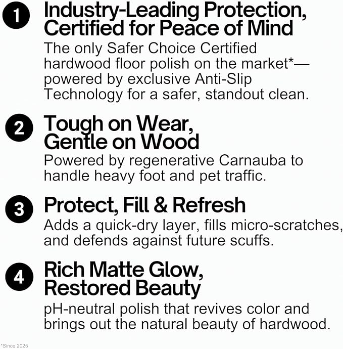 Quick Shine Hardwood Floor Luster-Polish 64oz | Plant-Derived w/Carnauba | Safer Choice, No PFAS, pH Neutral | Ready to Use Formula w/Anti-Slip Technology | Simply Squirt & Spread | Made in USA