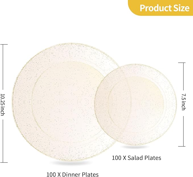 Goodluck 200PCS Gold Glitter Plastic Plates, Heavy Duty Disposable Gold Glitter Plates with 100 10.25 inch Dinner Plates, 100 7.5 inch Dessert Plates, Disposable Plates for Party, Wedding