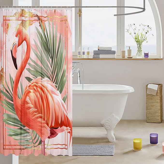 Feelyou Flamingo Bath Curtain Kids Tropical Flamingo Pattern Shower Curtain Boys Girls Decor Animal Decor Bathroom Shower Curtain Set Polyester Bird Print Pink Kids Bathroom Accessories 72"x84"