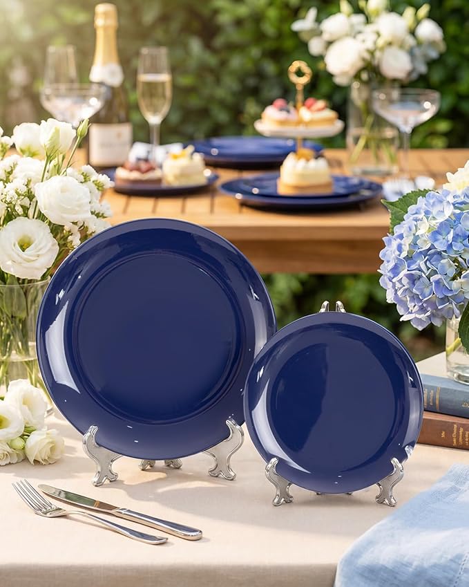 PULOTE 100PCS Blue Plastic Plates - Heavy Duty Navy Blue Disposable - Include 50PCS 10.25inch Dinner & 50PCS 7.5 inch Dessert/Salad Plates - Ideal for Party & Labor Day