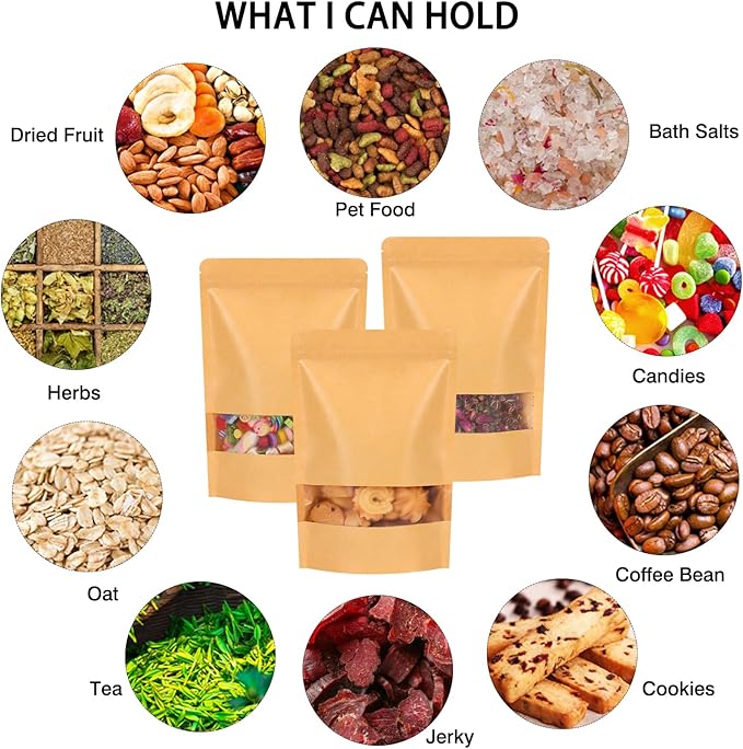 Moretoes 72pcs 7x10 Inches Resealable Bags, Kraft Paper Ziplock Bags with Window, Stand Up Pouch Bags for Coffee, Applicable to Home or Business for Packaging