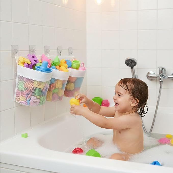 2PC Bath Toy Storage Organizer, Extra Large Mesh Net for Bathtub Toys Quick Dry Shower Toy Holder with Strong Suction Cups Multi-Use Basket for Bathroom Wall Tub and Poolside