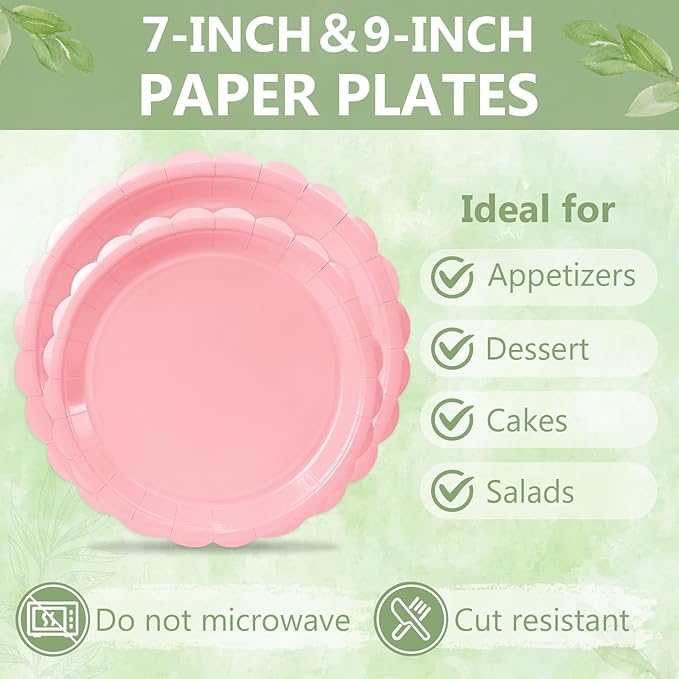 Mulbozy 100 Pink Paper Plates and Napkins Disposable Set Includes 25-9" & 25-7" Dessert Cake Scalloped Plates, Cocktail Napkins, Forks for for Holiday Party Supplies