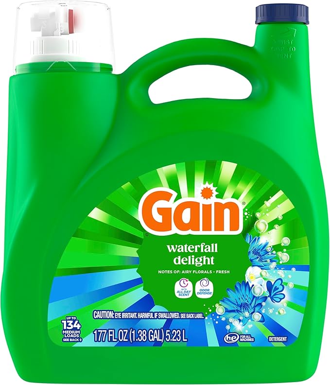 Gain Liquid Laundry Detergent with Odor Defense, Waterfall Delight Scent, Laundry Soap For HE Washing Machines, 177 fl oz, 134 Loads (Packaging May Vary)
