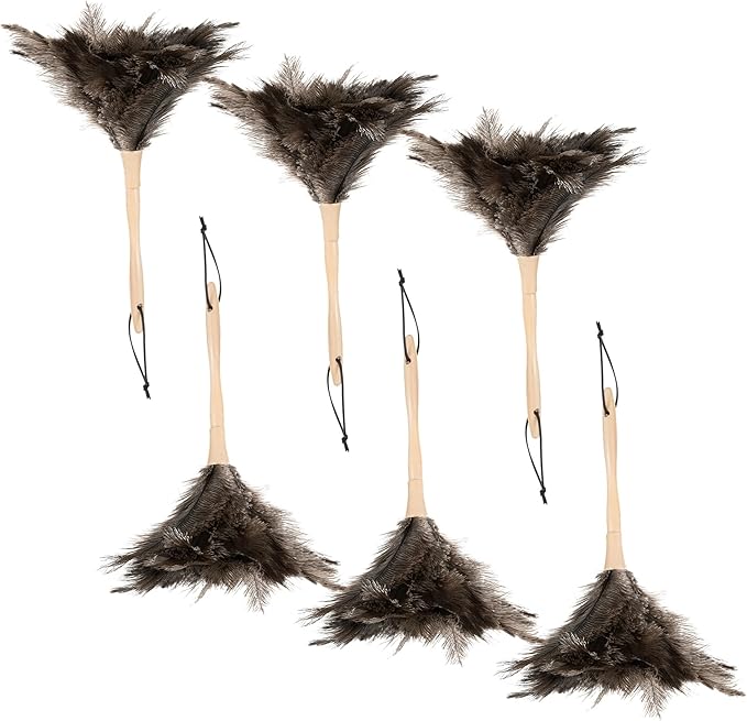 Superio Ostrich Feather Duster Fluffy Dust Remover, with Wooden Handle Reusable for Cleaning Homes, Ceilings, and Furniture (6 Pack)