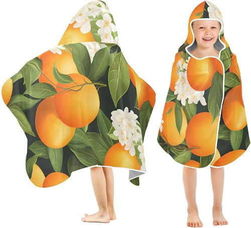 Hooded Towel for Kids Oranges and Blossoms Pattern Beach Wrap Bath Towels 50x23.5in