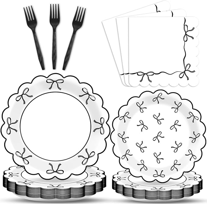 96Pcs Black White Bow Party Decorations Girl Bow Birthday Paper Plates Napkins Supplies Bowknot Themed Cake Tableware Dinnerware for Bachelorette Engagement Wedding Baby Bridal Shower Serves 24