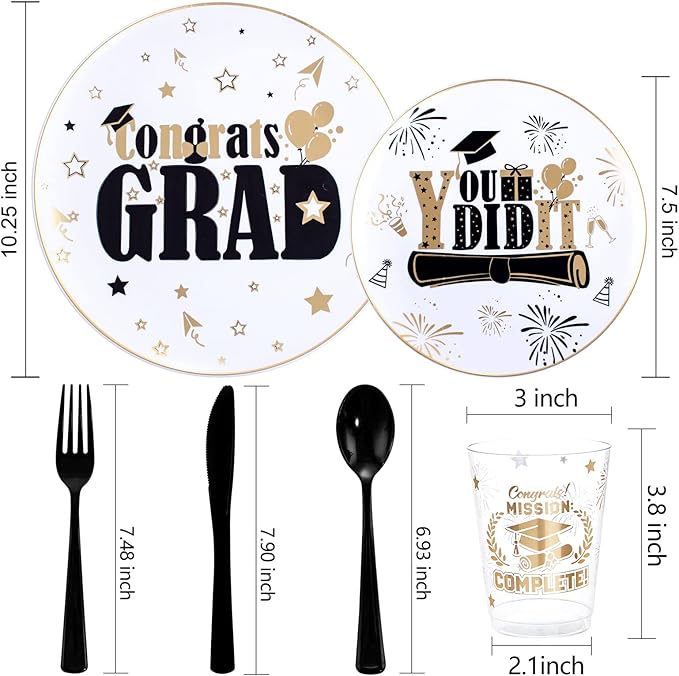 Liacere 150PCS Graduation Plastic Plates - Disposable Black and Gold, Graduation Party include 50Plates 25Knives 25Forks 25Spoons 25Cups