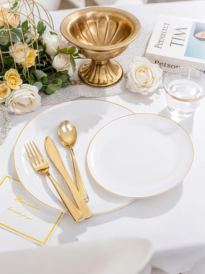 WDF 150Pcs White and Gold Plastic Plates - Gold Plates Disposable - 25 Guest Disposable Dinnerware Include 25 Dinner Plate 25 Dessert Plate 25 Cutlery 25 9oz Cups for Wedding/Birthday/Party