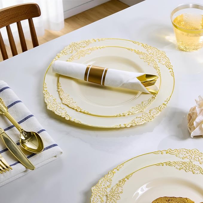 Bestluck 175PCS Ivory Plastic Plates for 25 Guests Disposable Dinnerware Sets Include 50 Plastic Plates, 25 Silverwares, 25 Cups, and 25 Pre Rolled Napkins for Party, Wedding and Graduation