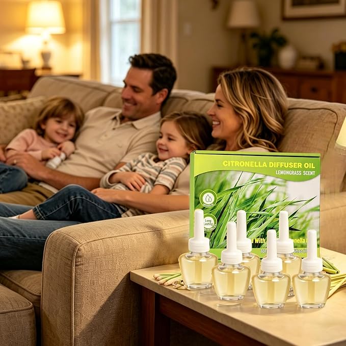Citronella Plug In Air Freshener Refills, Lemongrass Fragrance, Compatible with Air Wick & Glade, Scented Plug In Refills for Bedroom, Bathroom, Patio, Camping, Courtyard, Pool, Outdoor Use, 6 Count