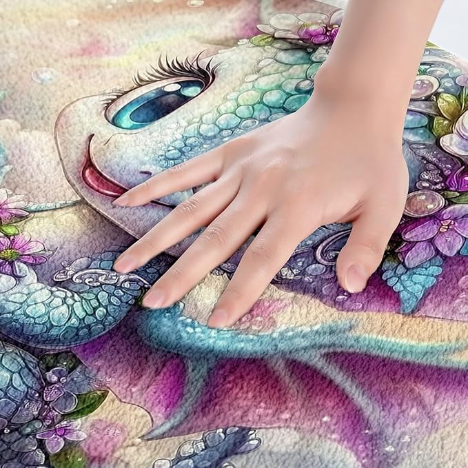 Cartoon Dragon Kids Bath Mats,Western Animal Magical Tale Trippy Mats Rugs for Girls,Flowers Cloud Rainbow Chic Bath Carpets,Blue Pink Cute Bath Rugs,Absorbent Floor Mats,16Wx24L Inches
