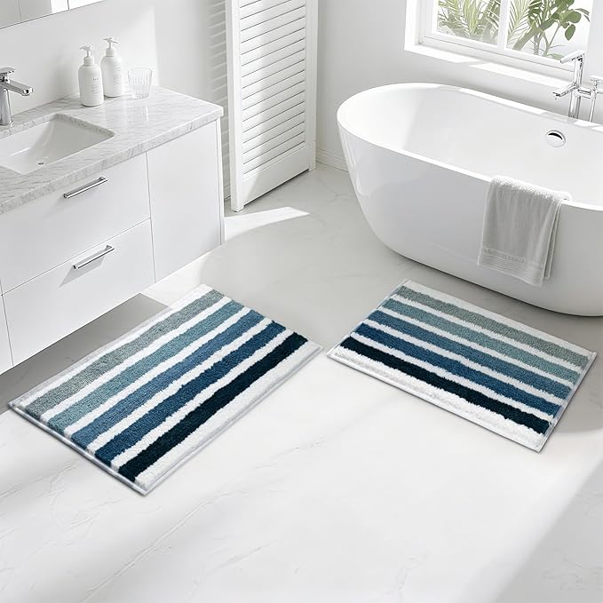 Sunlit Ombre Blue Bathroom Rug Nautical Bath Mat for Bathroom Non Slip Set of 2 Blue and White (30"x20" & 24"x17")