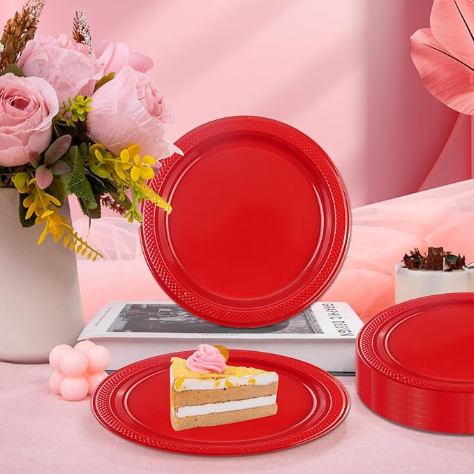 50 PCS Red Plastic Plates, 7 Inch Disposable Dessert Plates Cake Plates for Wedding Birthday Christmas Party Supplies (Red, 7 Inch)