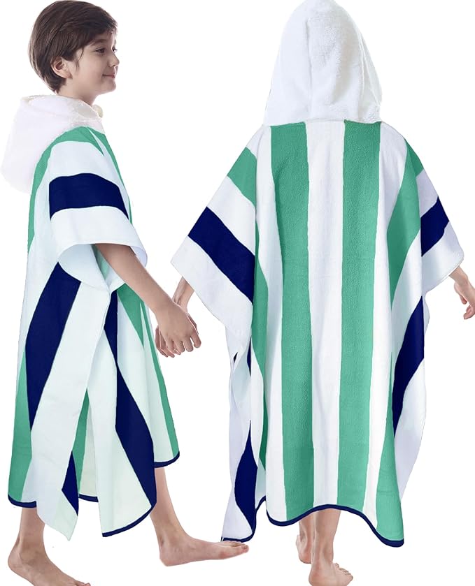 VOOVA & MOVAS Big Kid Hooded Towel, Absorbent Cotton Thick Hooded Towel Robe for Teens,Perfect for Pool, Beach, Bath, Green Blue White Stripe