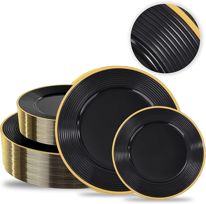 Liacere 100PCS Black Plastic Plates - Heavy Duty Disposable Plates - Black and Gold Plate Include Dinner/Dessert Plate for Wedding & Holiday Party & Birthday & Graduation