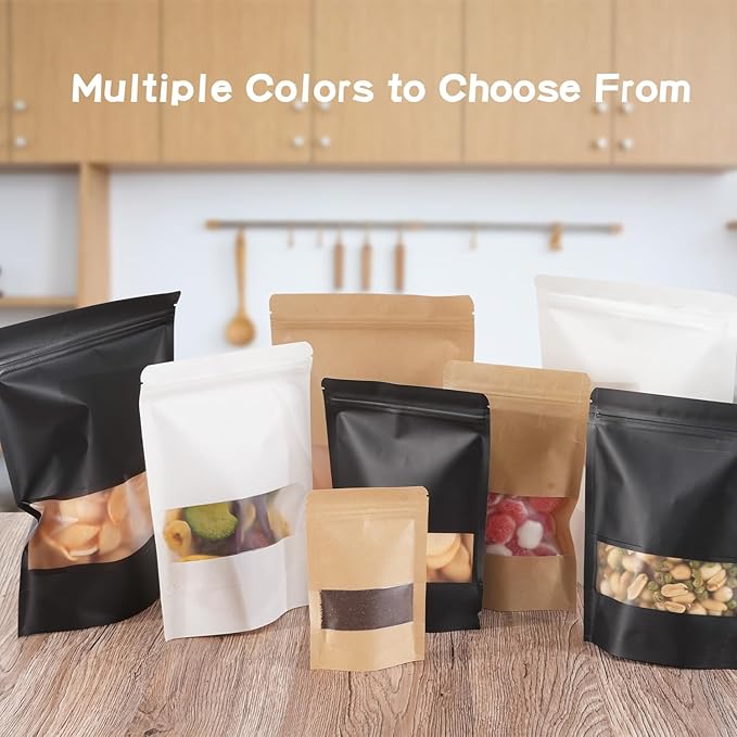 100 Pcs White Kraft Paper Bags with Window, 4.7" x 7.9" Stand Up Pouches Bags, Food Storage Bags for Packaging Products, Reusable, Sealable