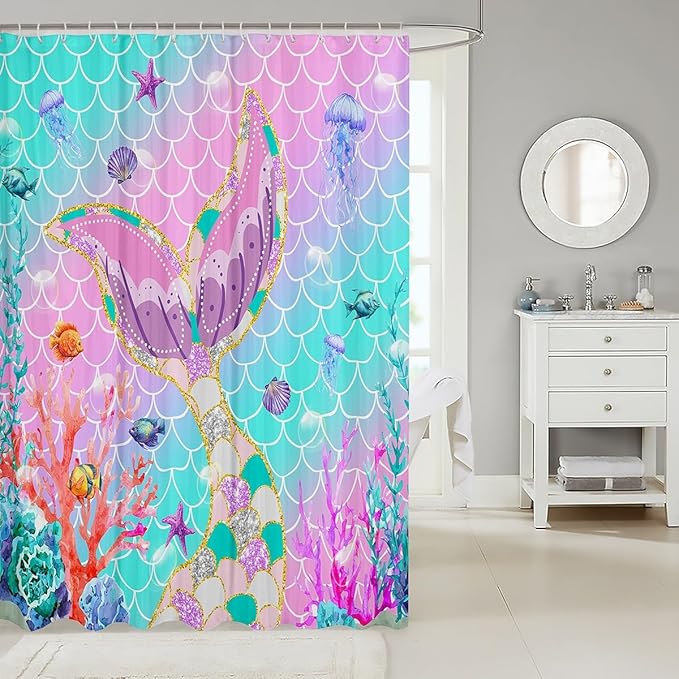 Mermaid Tail Waterproof Shower Curtain,Kids Fish Scales Bath Curtain 72"Wx78"L,Girly Rainbow Shower Curtain Ocean Life Sea Animal Curtains Teal Sequins Pastel Pink Paillette Bathroom Decor,Multicolor