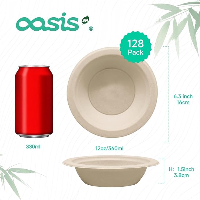 12 oz 128-Pack Compostable Soup Bowls, Disposable Paper Bowls for Soup, Cereal & Oatmeal, Heavy-Duty Bagasse Bowls, Microwave & Freezer Safe, Eco-Friendly (Natural)