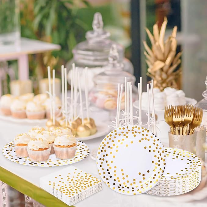 White and Gold Paper Plates and Napkins Party Supplies,Serves 25 Guests White Gold Plates and Napkins,Disposable Paper Tableware Set for Birthday Wedding Bridal Shower Baby Shower Decorations