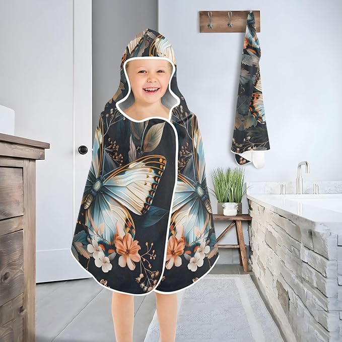 Hooded Towel for Kids Butterfly Surrounded by Floating Spring Leaves Beach Wrap Bath Towels 50x23.5in