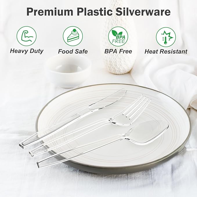 Dealusy 360 Count Extra Heavy Duty Clear Plastic Silverware, 150 Forks, 150 Spoons, 60 Knives, BPA-Free, Heat Resistant, Disposable Plastic Utensils Set, Plastic Cutlery Set, Plasticware Bulk